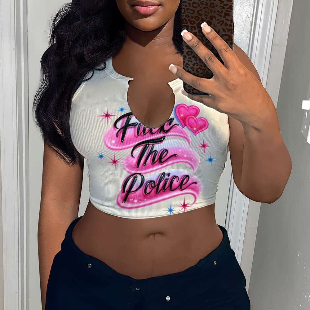 European and American sexy letter printed T-shirt women's brand sleeveless U-neck vest 2025 new casual fashion trend clothing