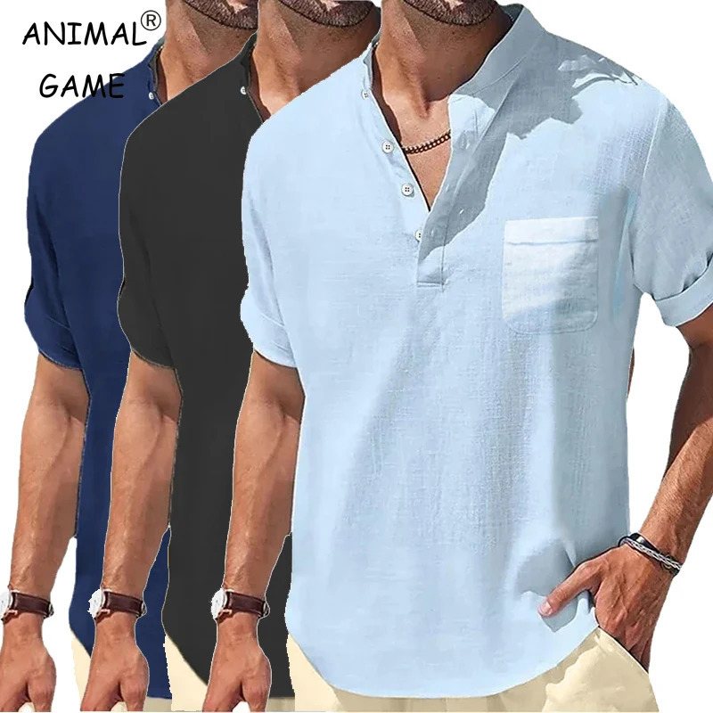 mens short sleeved breathable T-shirt summer solid color basic pocket shirt mens slim half button linen streetwear 250427