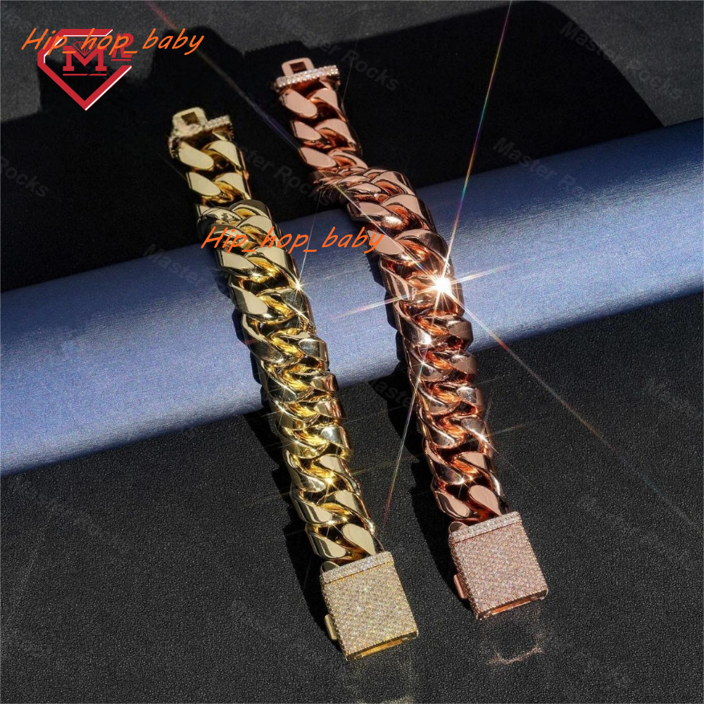 Rock Hiphop Jewelry 15mm Cuban Chain Bracelet With Iced Out Moissanite Clasp 925 Sterling Silver Moissanite Bracelet