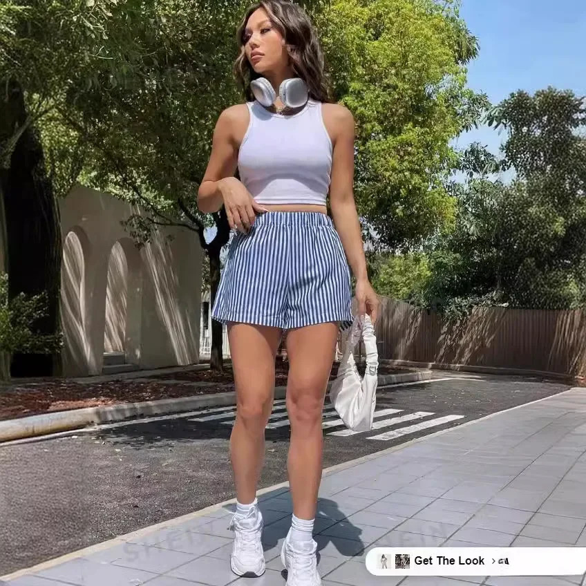 Womens Bohemian Style High-Waisted Striped Elastic Waist Shorts Blue White Detailing Casual Summer Fashion 250428