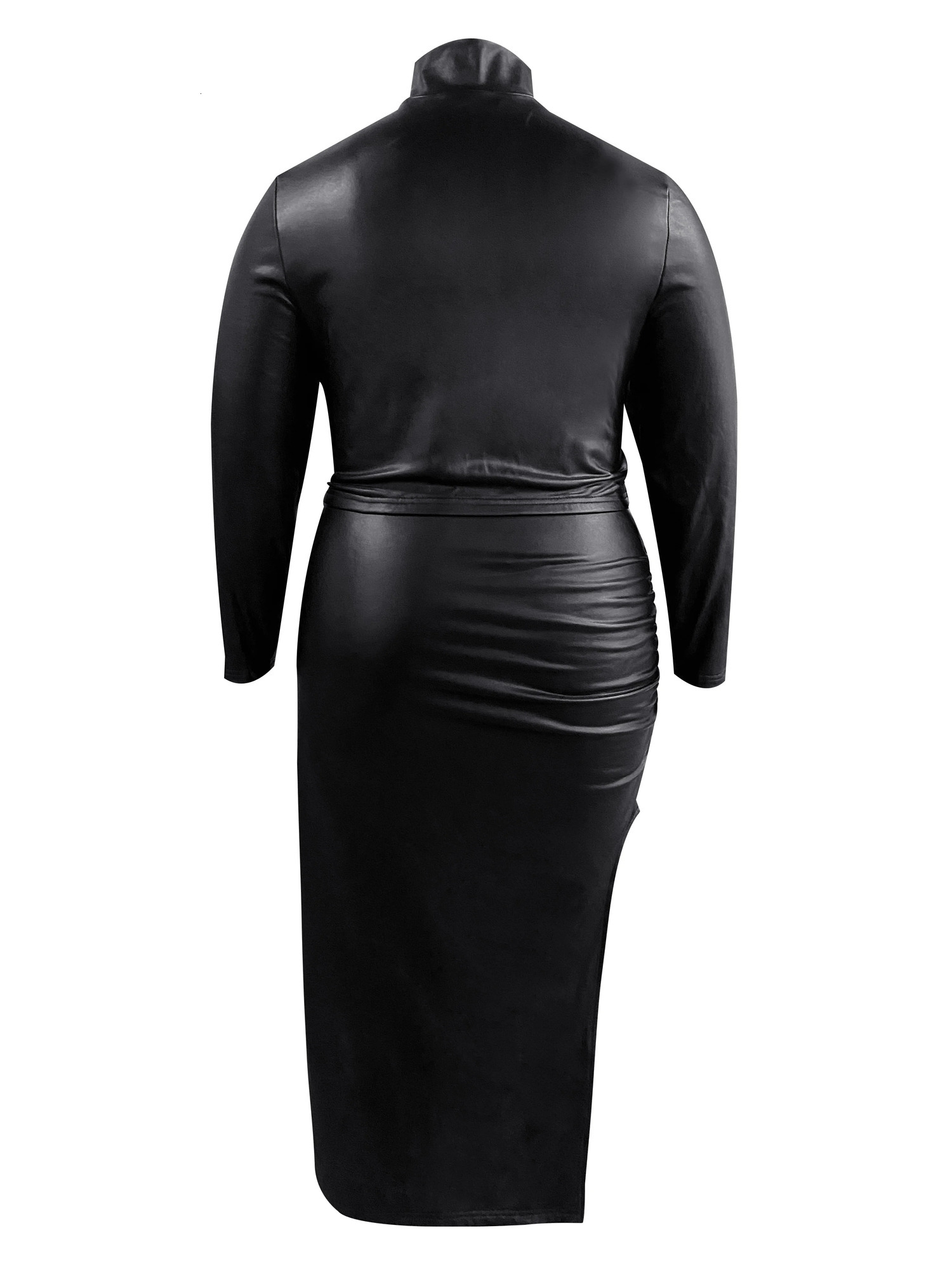 LW Plus Size Tight Set Artificial Leather Turtle Neck Thick Seam Tight Set Black Long Sleeve Tight Top 250427