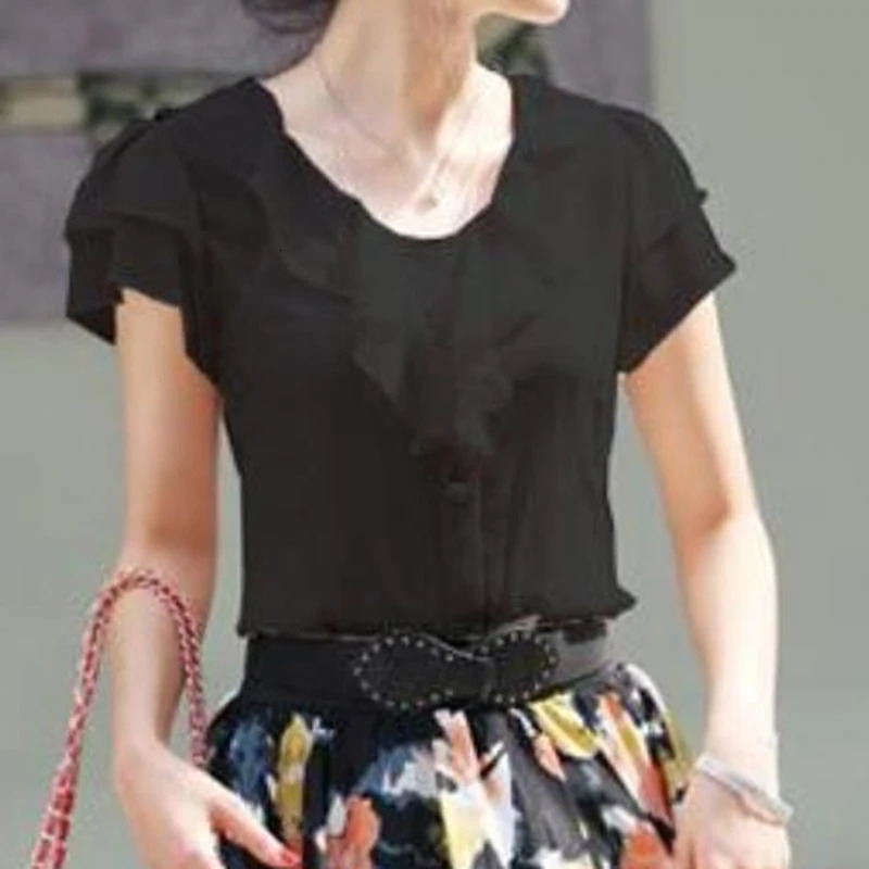 Arrival 2024 Chiffon Short sleeved Womens Shirt Fashion Ruffle White Black Office 250425