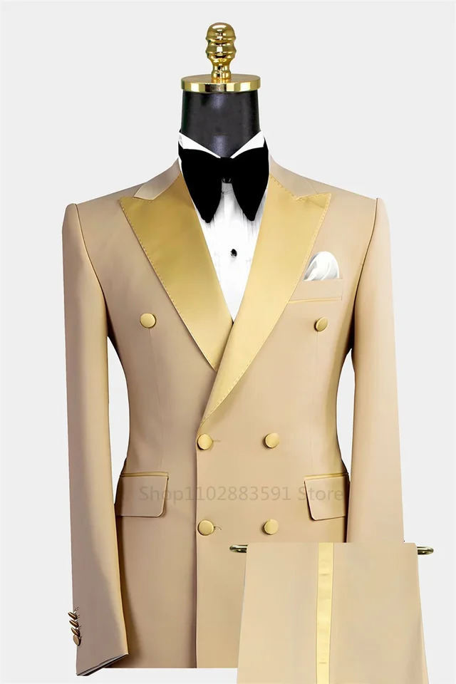 2 pieces jacketpants mens double breasted tailcoat formal slim fit open collar party solid color khaki wedding dress 250428