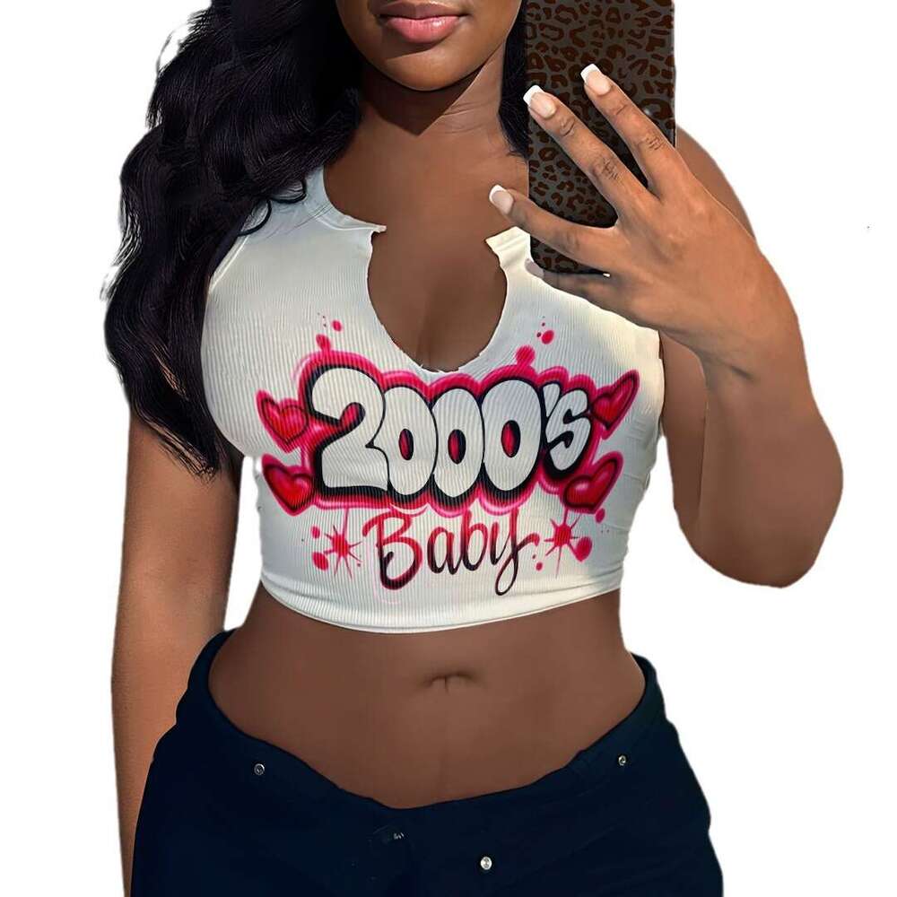 European and American sexy letter printed T-shirt women's brand sleeveless U-neck vest 2025 new casual fashion trend clothing