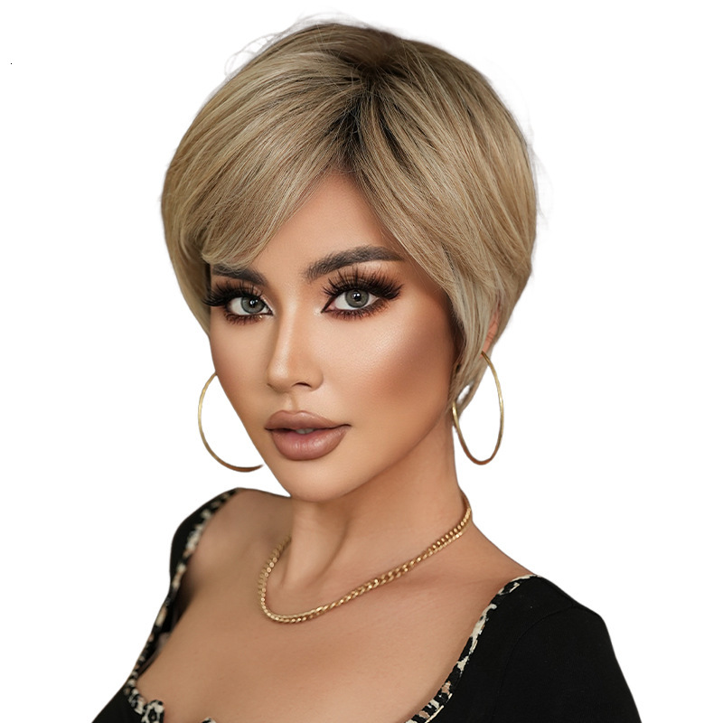 for Wig middle-aged and elderly women with short hair mothers wig full head cover beige diagonal bangs synthetic American frosted hair