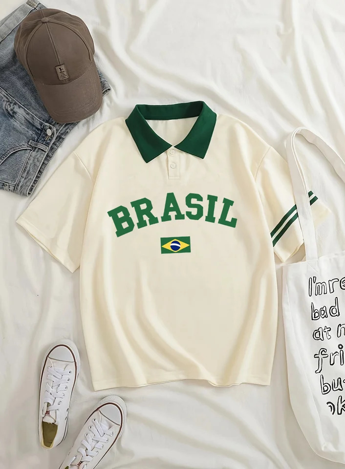 Brazilian flag print womens polo neck casual short hair fashion trend summer 250425