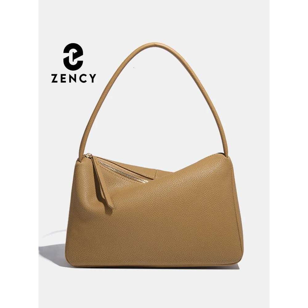 Zency Elegant Genuine Leather Top-handle For Women Simple Shoulder Handbag Ladies Underarm Bag Beige Brown Top Zipper