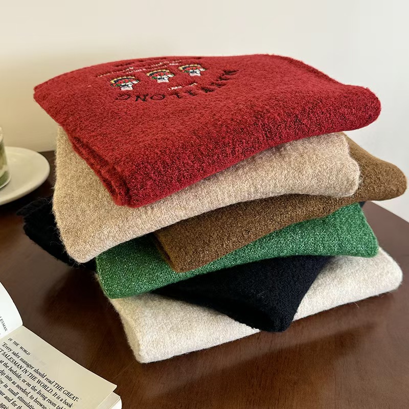 T611 cute bear embroidered wool cartoon scarf for women autumn and winter warm student couple versatile knitted scarf