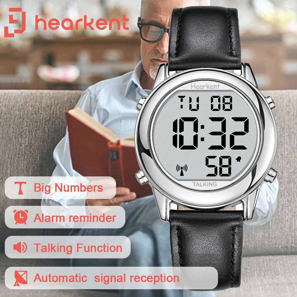 Hearkent for Blind Elderly Men's Clock Talking Time with Atomic Alarm Radio Wrist Watches Spanish/German/English
