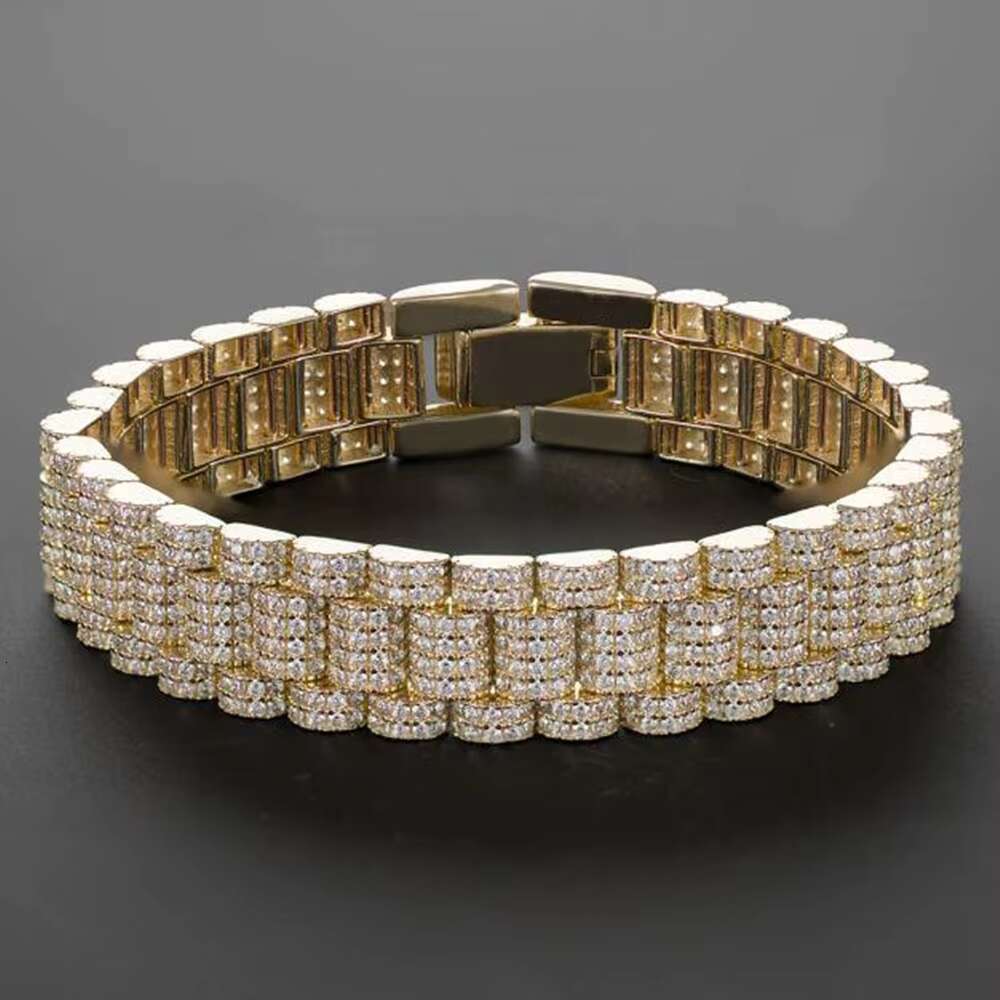 10MM Flower Setting Iced Out Branded Mens Wrist Watchband Bracelet 14K Gold Plated Hip Hop Moissanite Bracelet