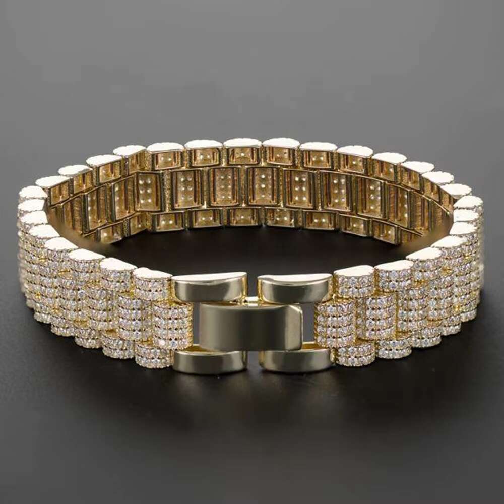 10MM Flower Setting Iced Out Branded Mens Wrist Watchband Bracelet 14K Gold Plated Hip Hop Moissanite Bracelet