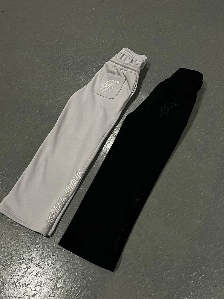 Harajuku loose solid color sports pants hip-hop waistband Y2K American solid color star embroidered casual pants 250428