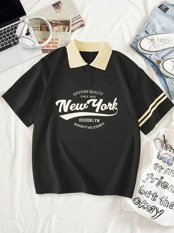 York Letter Graphic casual golf polo shirt fashion paradigm short sleeved with collar and sleeve stripes streetwear 250425