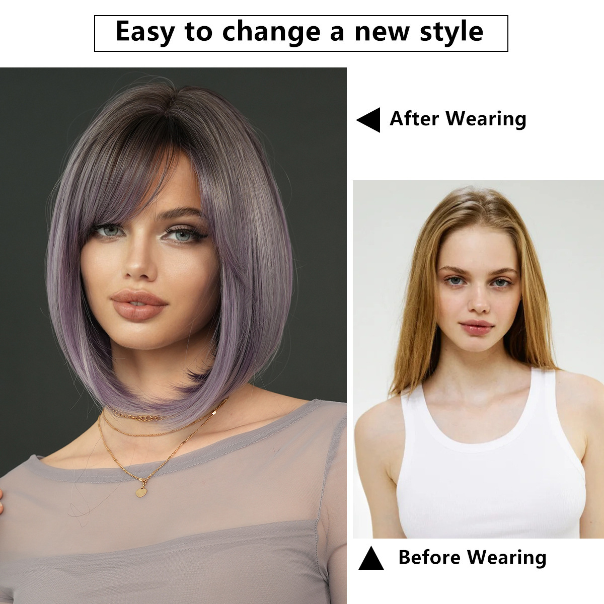 wig 2025 for women with gradient gray purple short straight hair slanted bangs Bob bob short hair synthetic mechanism headband