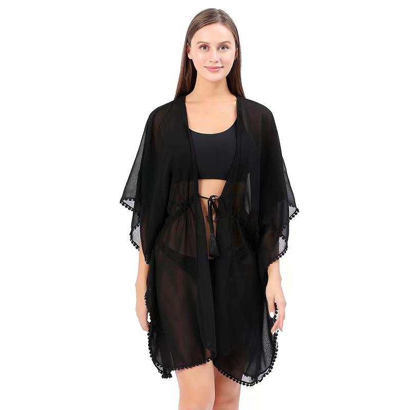 K600 European and American beach style cardigan solid color chiffon with small lace belt cardigan bikini cover-up sun protection clothing ST006