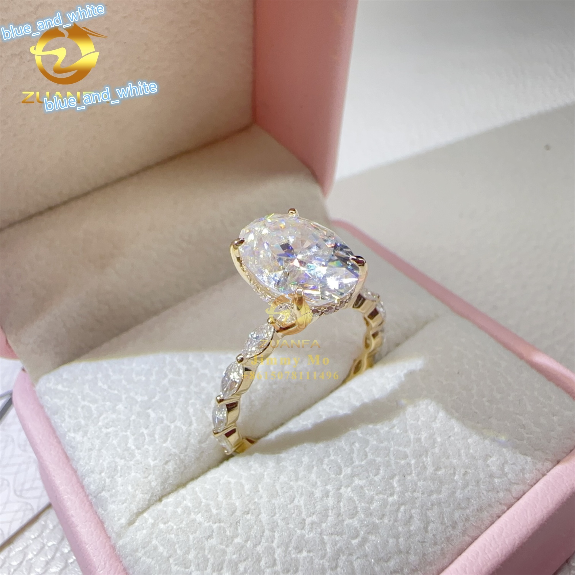 14k Yellow Gold 4.5ct Iced Crushed Oval Marquise Moissanite Diamond Engagement Wedding Band Ring Women Gift GRA Certificate