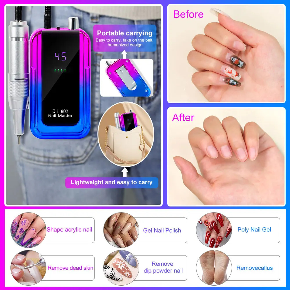 45000RPM Rechargeable Electric Nail Drill Rig Professional Nail Polishing File Low Noise Polisher for Nail Salon Tools 250418