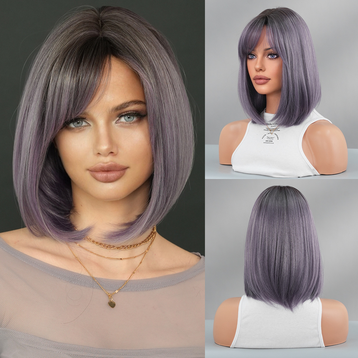 wig 2025 for women with gradient gray purple short straight hair slanted bangs Bob bob short hair synthetic mechanism headband