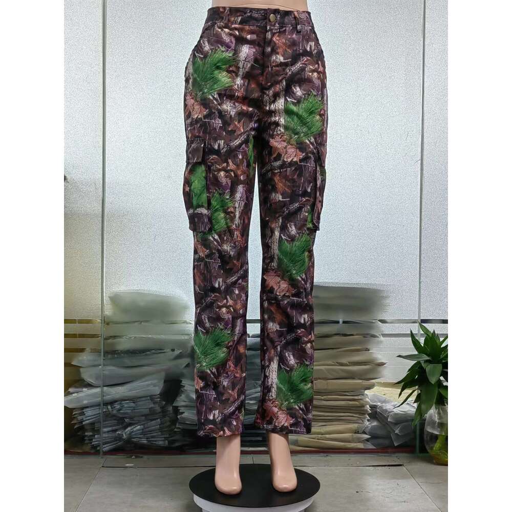1096 European American Ins style autumn and winter fashionable leaf print straight tube high waist pocket multi-color work pants 2025 new casual versa