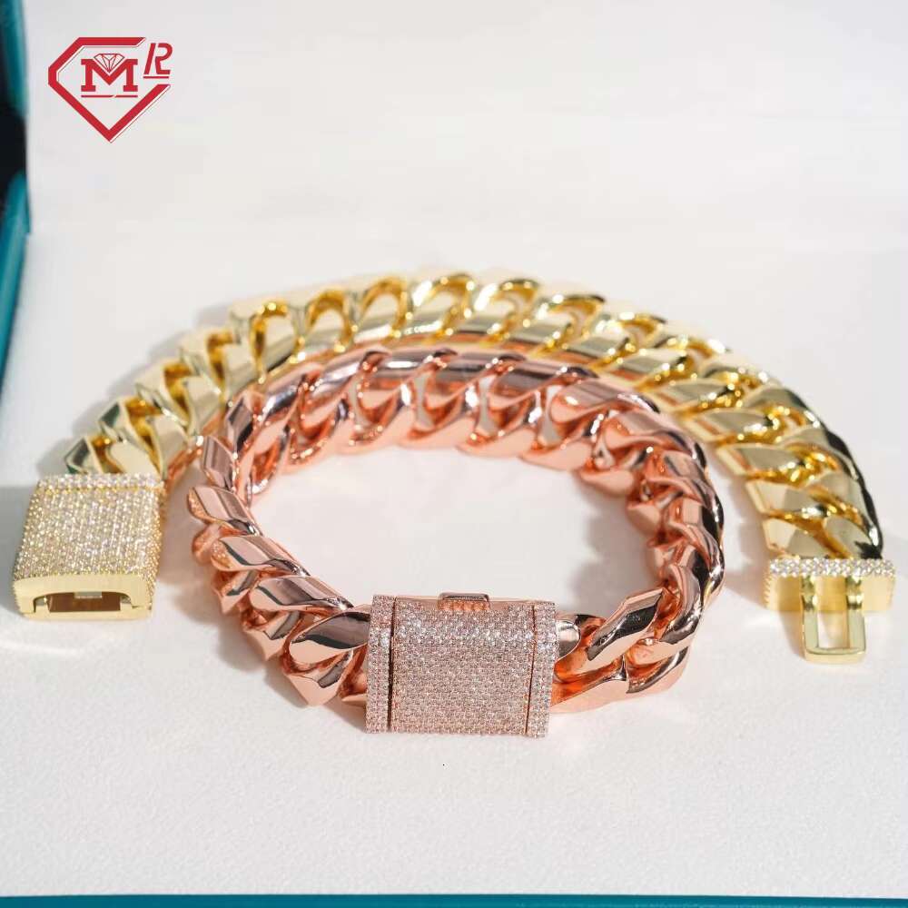 Rock Hiphop Jewelry 15mm Cuban Chain Bracelet With Iced Out Moissanite Clasp 925 Sterling Silver Moissanite Bracelet