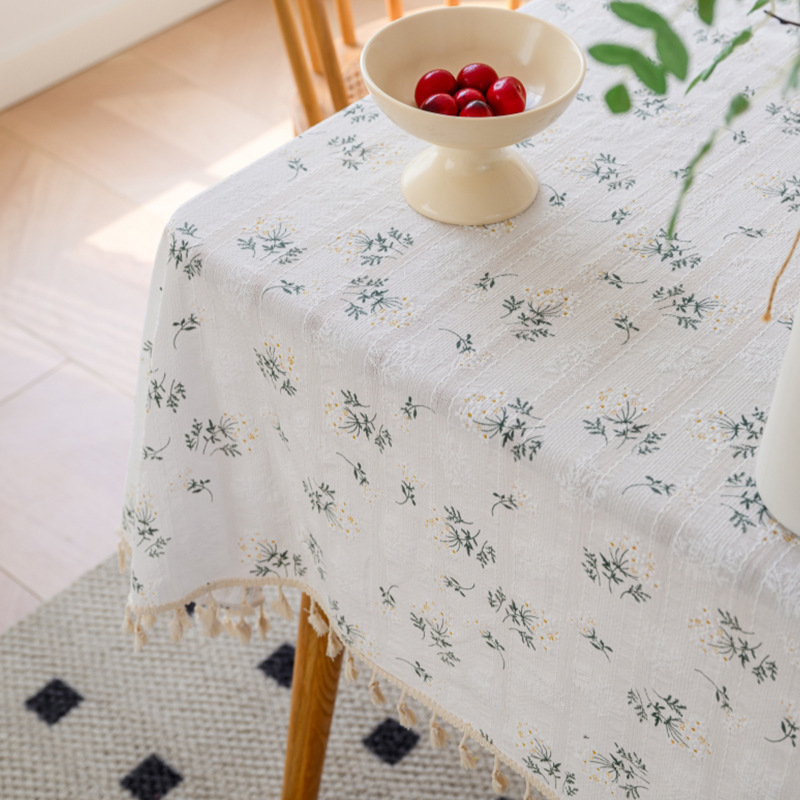 W25 small fresh cotton and linen fabric tablecloth ins small daisy floral tablecloth tassel photo simple rectangular tablecloth