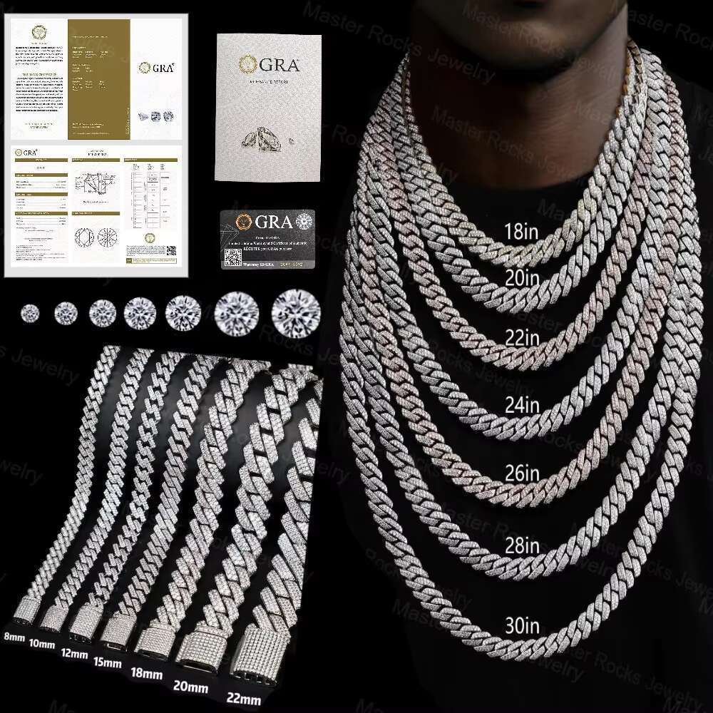 Hiphop 18MM Iced Out Cuban Chain Handmade Setting 925 Sterling Silver Moissanite Cuban Link Chain