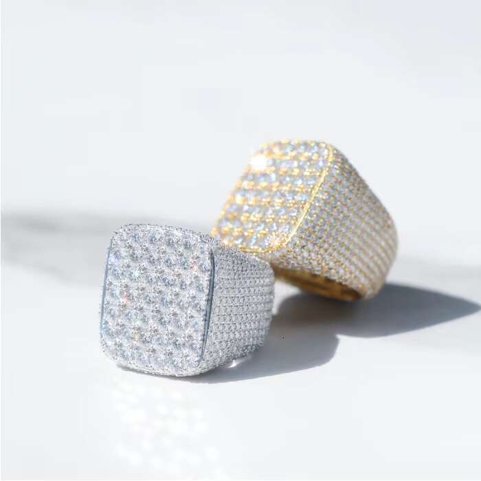 Fully Iced Out Sterling Silver 925 Rapper Square Rings Vvs Moissanite Diamond Hip Hop Moissanite Ring