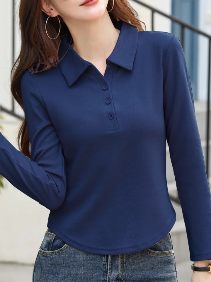 Womens casual long sleeved polo shirt regular suitable for spring knitted fabric solid color collar and button details R 250425