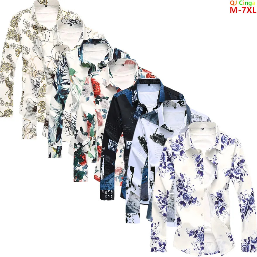 Blue printed long sleeved shirt mens fashionable casual single chest lapel Asian size M7XL 250427