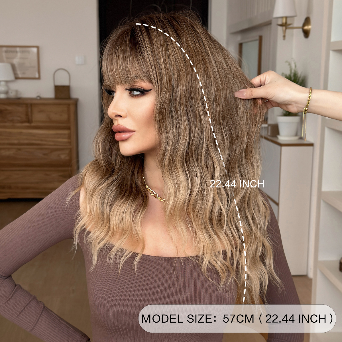 gradient 2025 brown medium long wavy curly hair with bangs top dyed appearance natural mechanism full head cover