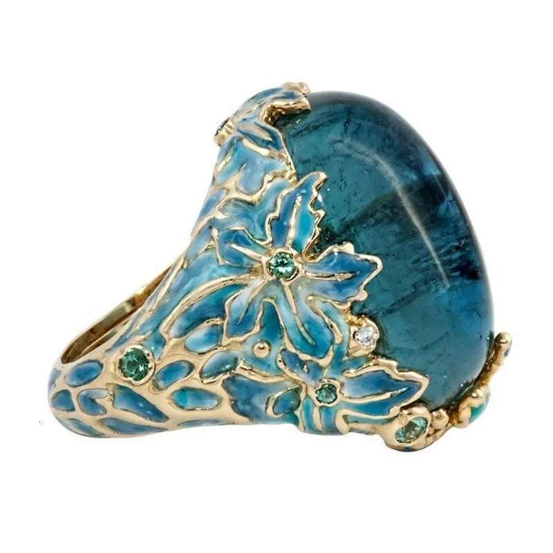 Elegant Fashion Gold Color Carving Enamel Flower Rings For Women Creativity Inlaid Blue Stone Engagement Ring Jewelry