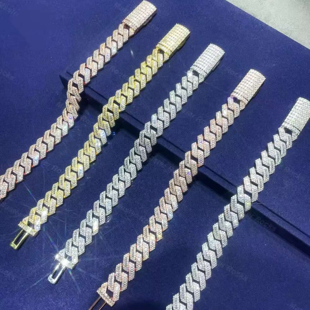 Hot Selling Cuban Chain 925 Silver Hiphop 12mm 15mm Iced Out Baguette Miami Moissanite Cuban Link Chain