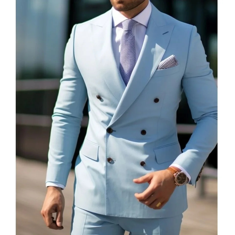 Sage Green Mens Wedding Dress Solid Color 2piece Japanese Plus Size Double Chest Six Button Formal Business Set 250428