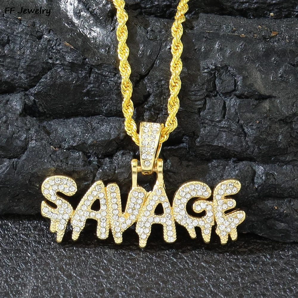 Men Women Hip Hop SAVAGE Letters Pendant Necklace with 13mm Cuban Chain Iced Out Bling HipHop Necklaces Fashion Charm Jewelry 250427