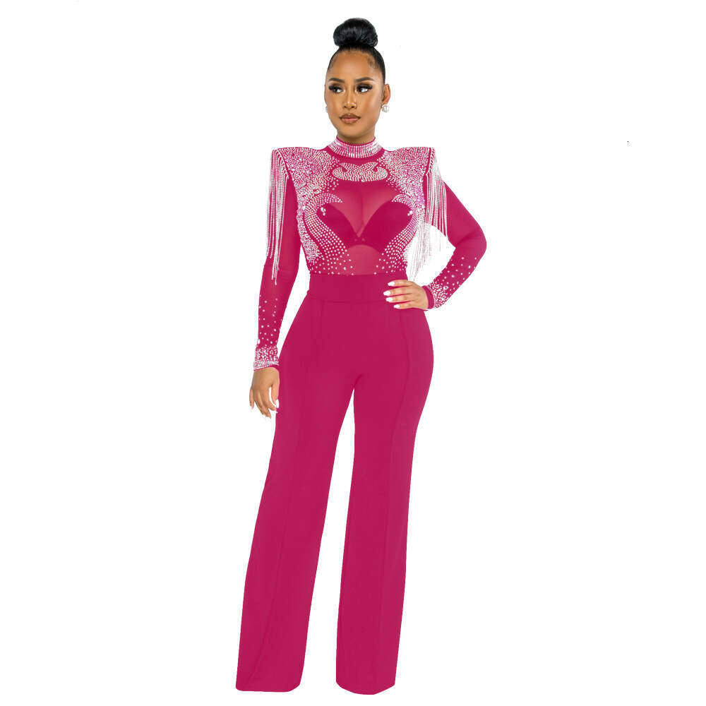 CY9232B European and American fashion sexy casual slim fit high neck see through hot dia fringe jumpsuit for women 2025 temperament versatile new tren