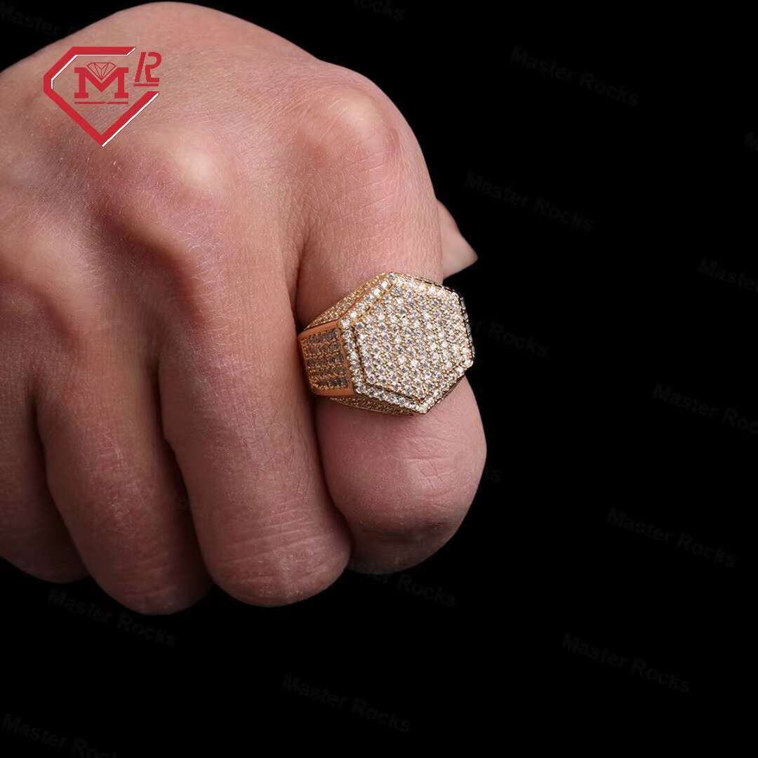 Master Rocks Gold Plated Ring Iced Out 925 Sterling Silver Mens Hip Hop Hexagon Moissanite Ring