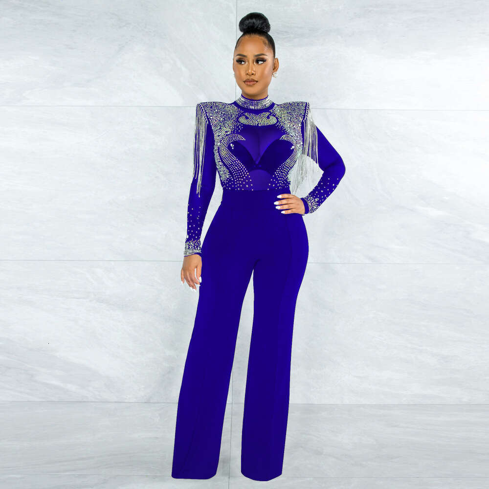 CY9232B European and American fashion sexy casual slim fit high neck see through hot dia fringe jumpsuit for women 2025 temperament versatile new tren