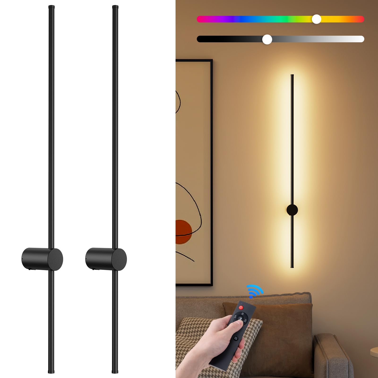 31.5 Inch Battery Operated Wall Sconce,Black Minimalist Rechargeable LED Wall Lights with Remote, 18 Colors Dimmable Wireless Wall Lamp for Living Roo