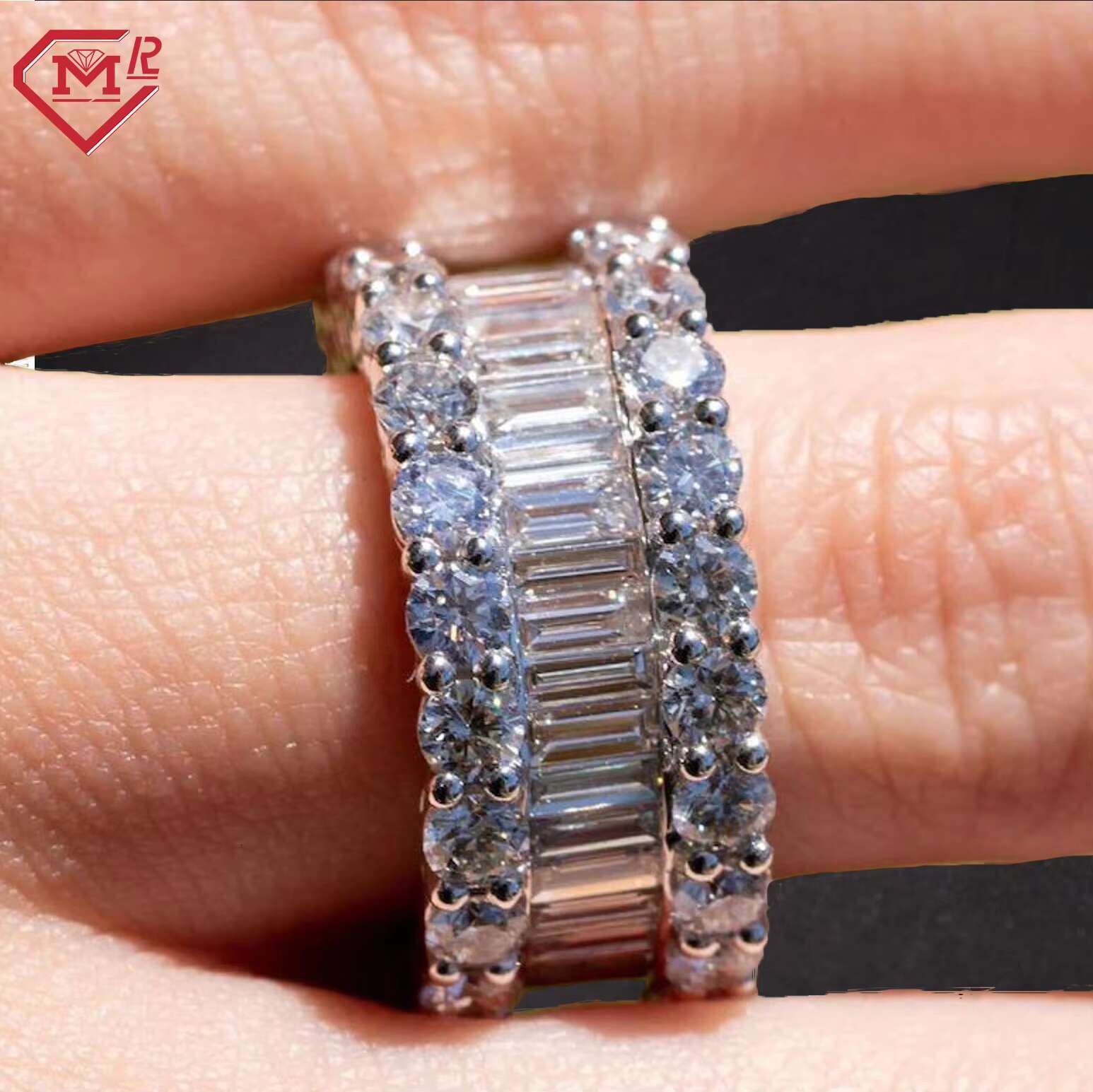 Hip Hop Moissanite Ring Men Round Brilliant Cut Baguette Cut 925 Sterling Silver Vvs Moissanite Ring