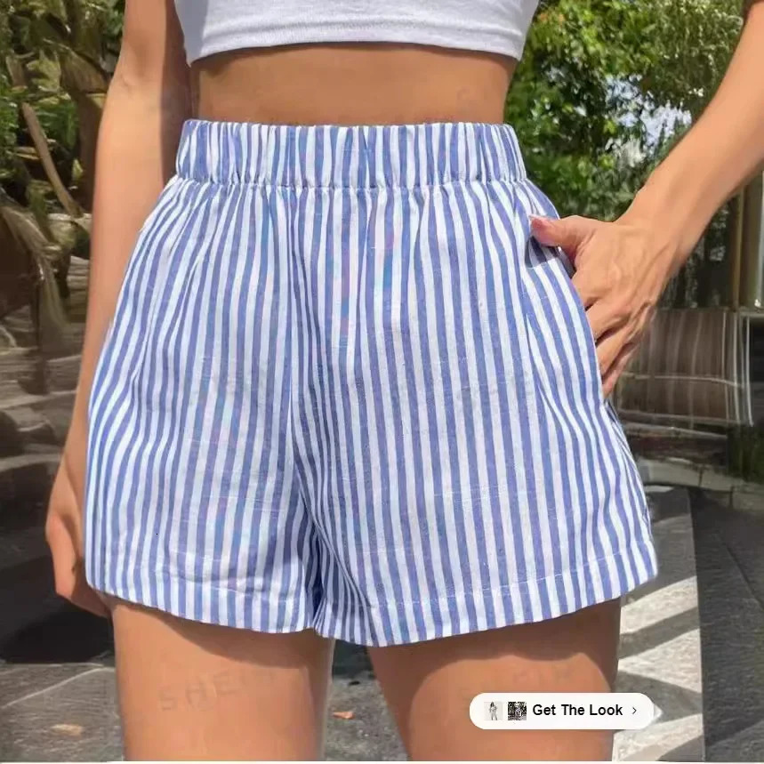 Womens Bohemian Style High-Waisted Striped Elastic Waist Shorts Blue White Detailing Casual Summer Fashion 250428