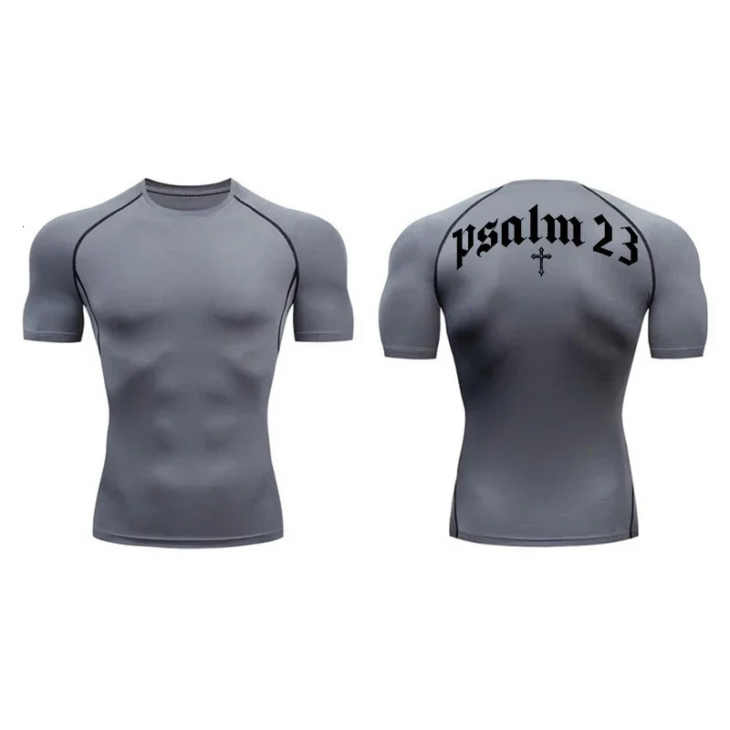 Christian Psalm 23 Cross print mens sports quick drying Tshirt top gym workout compression short sleeved fitness suit 250430