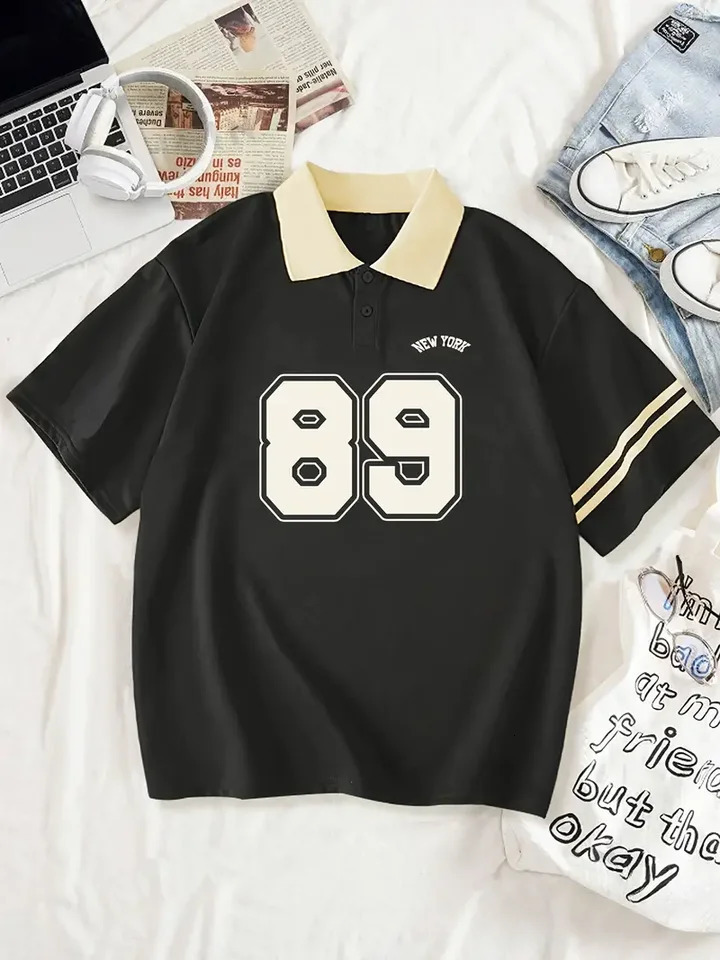 No89 Graphic Casual Style Womens Fashion Versatile Short sleeved Golf Polo Shirt with Contrast Neck Activewear 250425