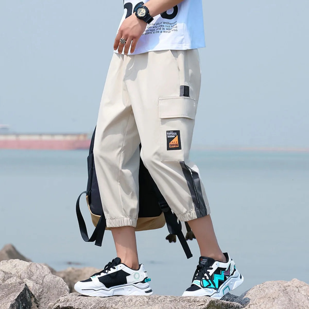 style hiphop below knee 34 long shorts mens tactical pants with multiple pockets summer diagonal work cargo 250425