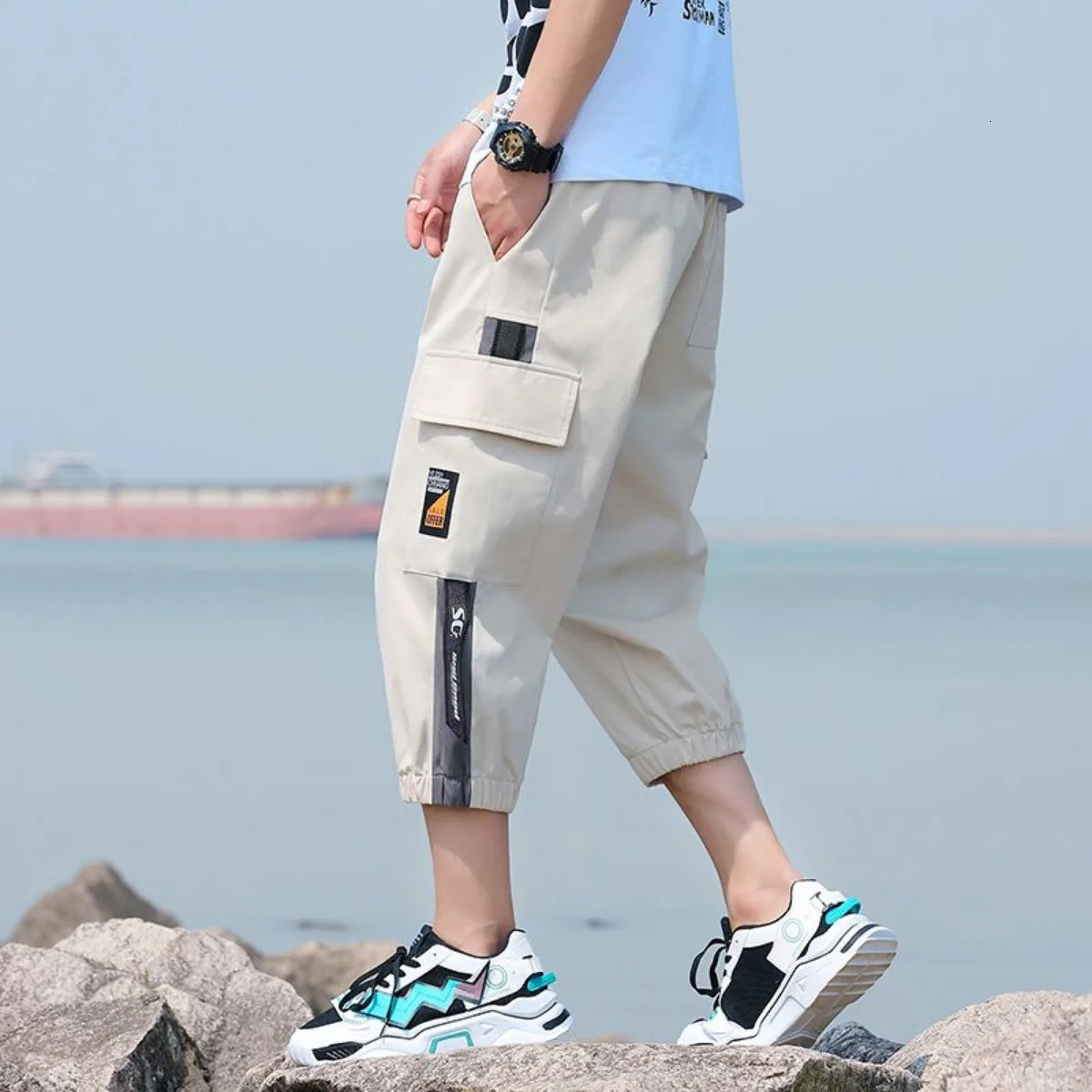 style hiphop below knee 34 long shorts mens tactical pants with multiple pockets summer diagonal work cargo 250425
