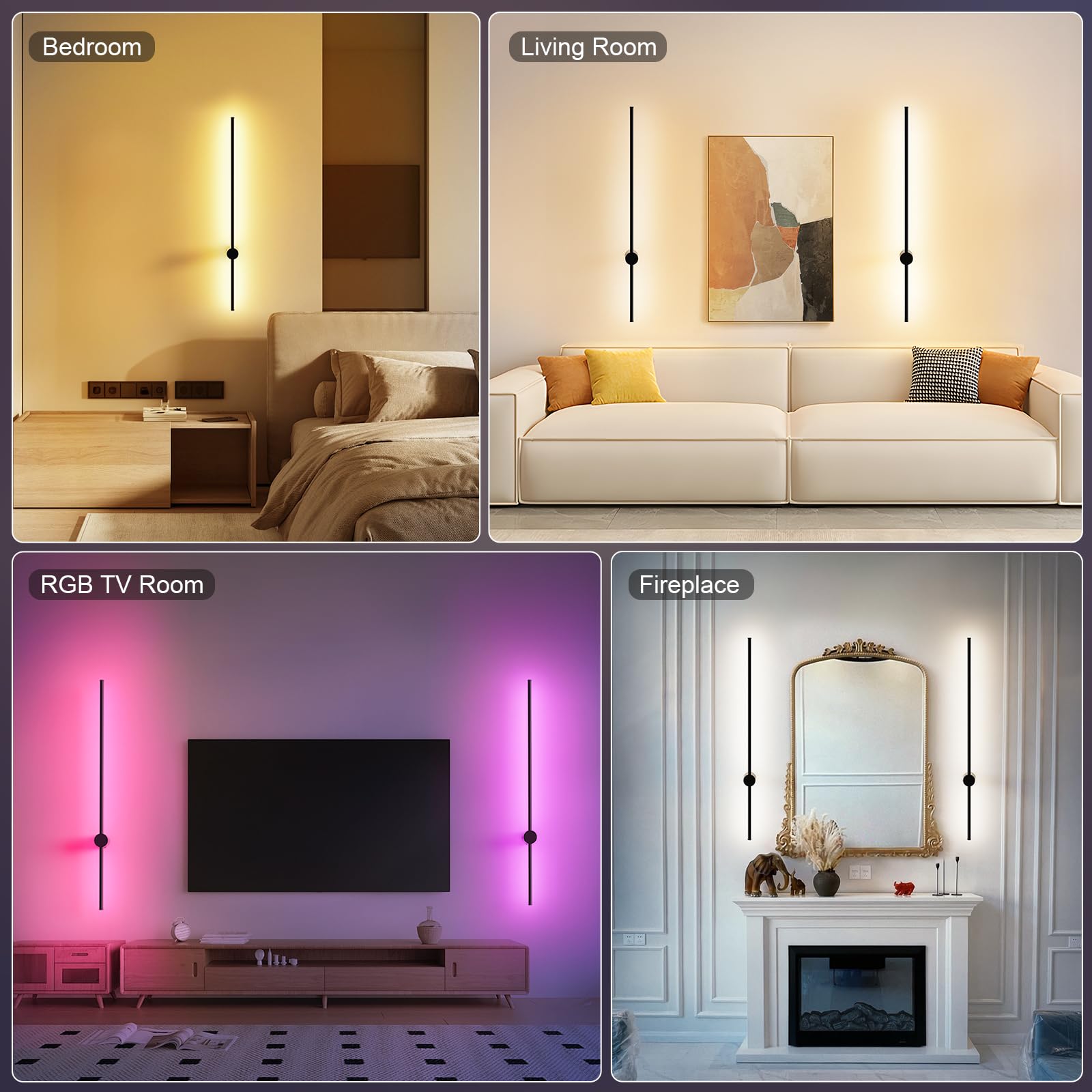 31.5 Inch Battery Operated Wall Sconce,Black Minimalist Rechargeable LED Wall Lights with Remote, 18 Colors Dimmable Wireless Wall Lamp for Living Roo