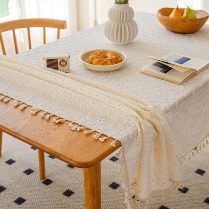 W24 Small fresh cotton and linen fabric tablecloth ins small daisy floral tablecloth tassel photo simple rectangular tablecloth