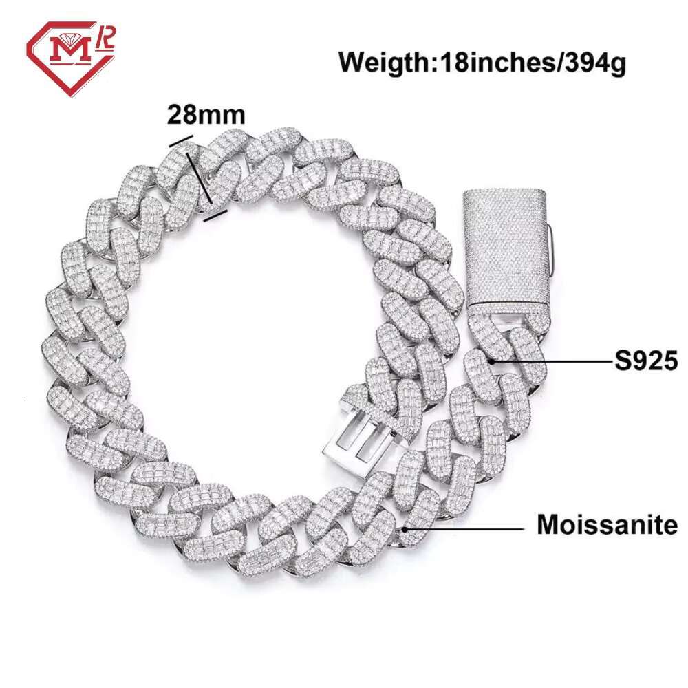 Heavy Big Guy 28MM Cuban Link Chain Baguette 925 Sterling Silver Iced Out Moissanite Cuban Link Chain