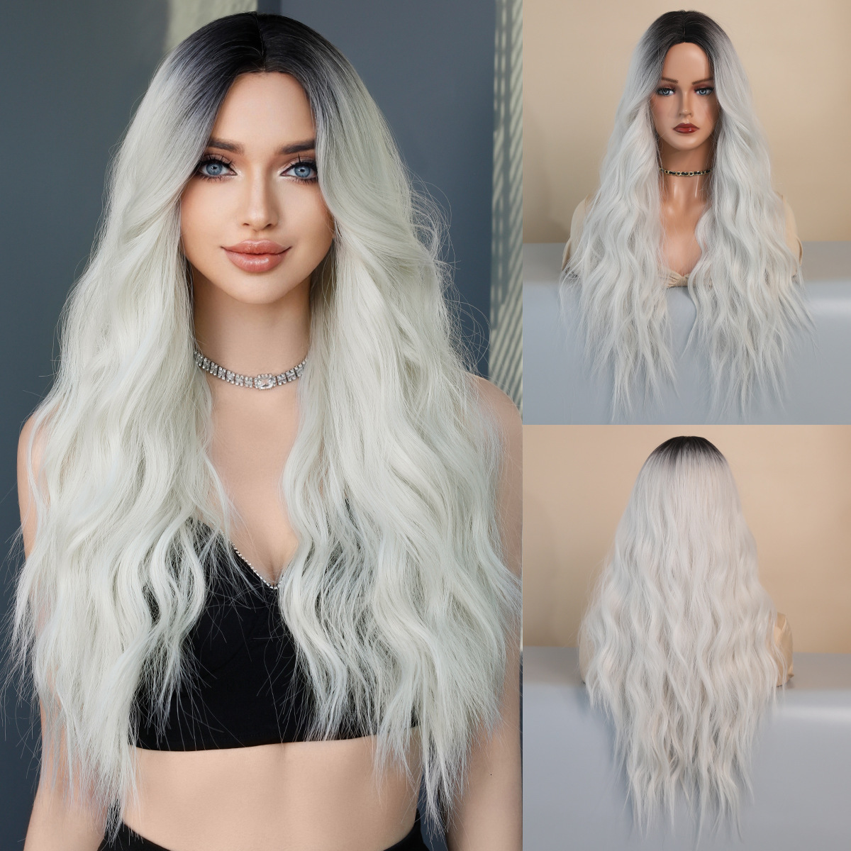 Silver Gradient White High Quality Medium Split Long Curled Hair Small Lace Wig Full Headset for Womens Daily Party Wig