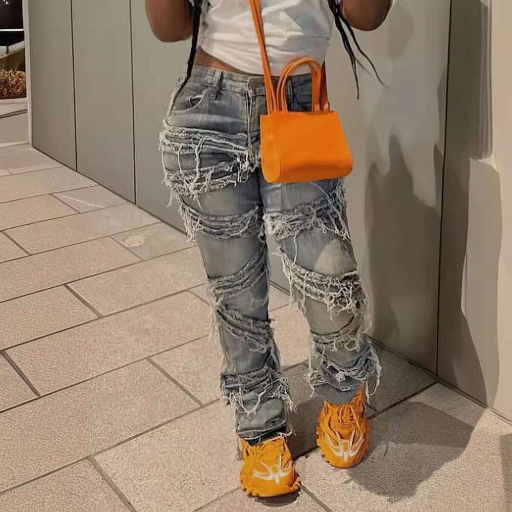 S69562025 summer denim layered perforated washed straight tube tassel fashionable jeans 2025 new casual fashion trend clothing