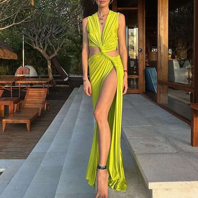 European and American women's summer sexy hollow knot slit V-neck pleated irregular dress new style temperament chic elegant clothing